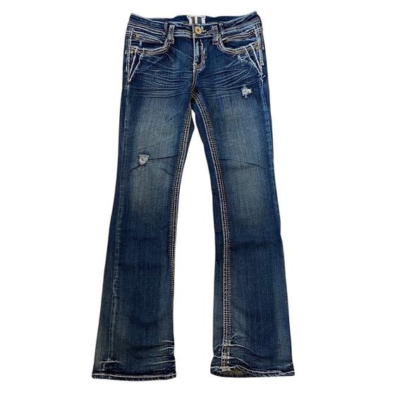 TRADEMARK H Bootcut Jeans Pocket Flaps Blue Embellishments Size 9/10 - Picture 2 of 14